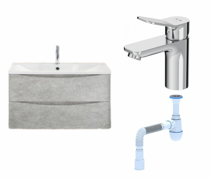 Комплект: Тумба с раковиной BelBagno Acqua 100 cemento verona grigio + Смеситель Am.Pm X-Joy F85A02100 хром + Сифон АниПласт
