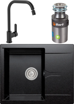 Комплект Мойка кухонная Polygran Gals 620 черная + Смеситель MEGA City MG- ZRV104-B черный + Измельчитель Bort Titan 4000 Plus