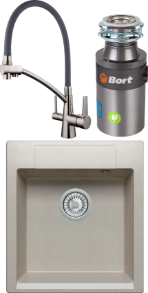 Комплект Мойка кухонная Polygran Argo 460 серая + Смеситель Gappo G4398 с гибким изливом, сатин, серый + Измельчитель Bort Titan 4000 Plus
