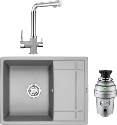 Комплект Мойка кухонная Granula 6501, АЛЮМИНИУМ + Смеситель GR-3015 алюминиум + Измельчитель Zorg Inox D