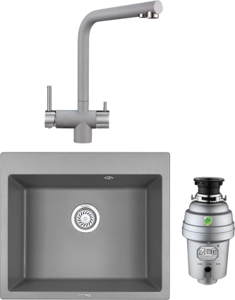 Комплект Мойка кухонная Granula 6001, АЛЮМИНИУМ + Смеситель GR-2305 алюминиум + Измельчитель Zorg Inox D