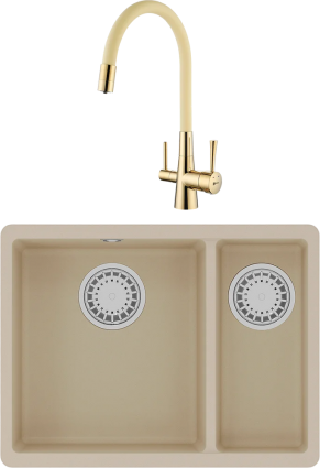 Комплект Мойка кухонная Lemark Sinara 550.2-U 9910080 бежевая + Смеситель Comfort LM3075G-Beige с гибким изливом, золото, бежевый