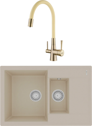 Комплект Мойка кухонная Lemark Ramza 760 9910038 бежевая + Смеситель Comfort LM3075B-Beige с гибким изливом, бронза, бежевый