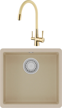 Комплект Мойка кухонная Lemark Sinara 440-U 9910068 бежевая + Смеситель Comfort LM3075G-Beige с гибким изливом, золото, бежевый