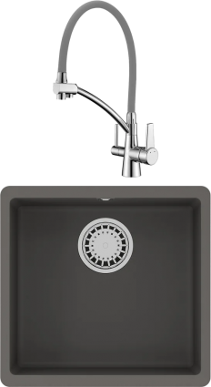Комплект Мойка кухонная Lemark Sinara 440-U 9910071 серый шелк + Смеситель Comfort LM3071C-Gray с гибким изливом, хром, серый