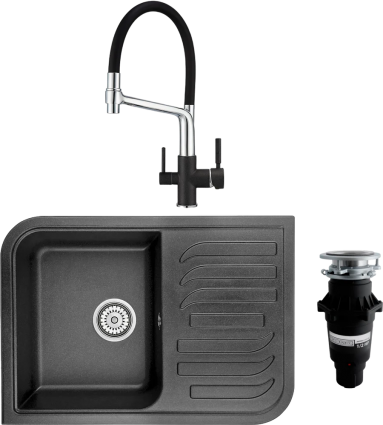 Комплект Мойка кухонная Granula 7001, ЧЁРНЫЙ + Смеситель GR-0083 GR-0083 черный с гибким изливом + Измельчитель Bone Crusher BC 810-SL Slim Line