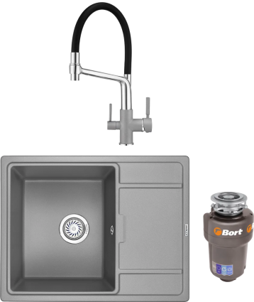 Комплект Мойка кухонная Granula 6503, АЛЮМИНИУМ + Смеситель GR-0083 GR-0083 алюминиум с гибким изливом + Измельчитель Bort Titan 5000