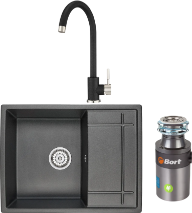 Комплект Мойка кухонная Granula 6501, ЧЁРНЫЙ + Смеситель ST-4031 ST-4031 черный + Измельчитель Bort Titan 4000 Control