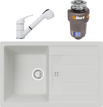 Комплект Мойка кухонная TopZero Susanna 780.500-07 Ice + Смеситель Bruce ice 07 + Измельчитель Bort Titan Max Power FullControl