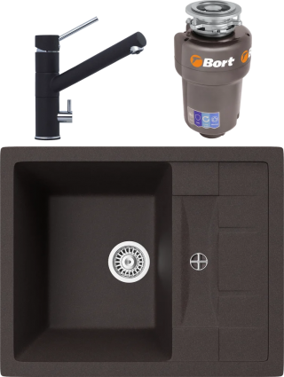 Комплект Мойка кухонная TopZero Scarlett 615.500-93 Chocolate + Смеситель Leonardo chocolate 93 + Измельчитель Bort Titan Max Power