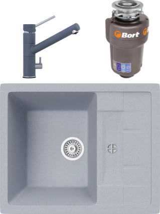 Комплект Мойка кухонная TopZero Scarlett 615.500-49 Titan + Смеситель Leonardo titan 49 + Измельчитель Bort Titan 5000 Control