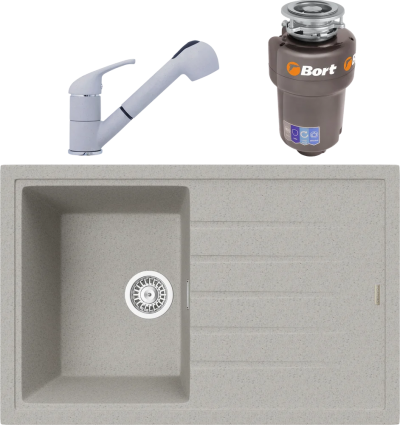Комплект Мойка кухонная TopZero Juliet 780.500-47 smoke + Смеситель Bruce smoke 47 + Измельчитель Bort Titan Max Power