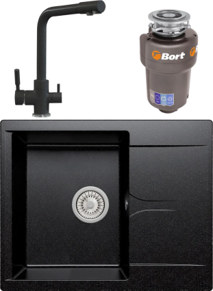 Комплект Мойка кухонная Polygran Gals 620 черная + Смеситель Высокий Дуо 627505 черный + Измельчитель Bort Titan 5000