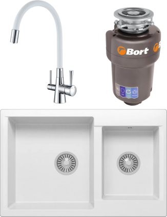Комплект Мойка кухонная Polygran Brig 772 белый хлопок + Смеситель Lemark Comfort LM3075C-White с гибким изливом, хром, белый + Измельчитель Bort Titan Max Power FullControl