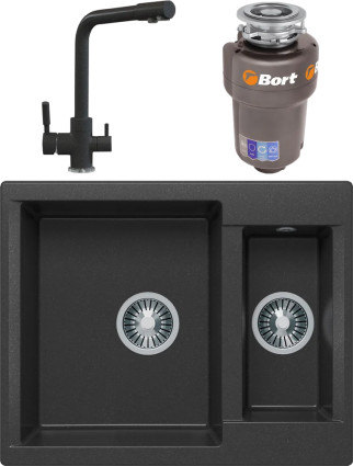 Комплект Мойка кухонная Polygran Brig 620 черная + Смеситель Высокий Дуо 627505 черный + Измельчитель Bort Titan 5000