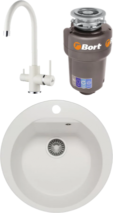 Комплект Мойка кухонная Polygran Atol 627451 белый хлопок + Смеситель Paulmark Essen Es213211-331 белый + Измельчитель Bort Titan Max Power
