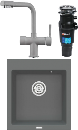 Комплект Мойка кухонная Point Моко 47 серая + Смеситель PN3104 серый + Измельчитель Bort Titan 7000