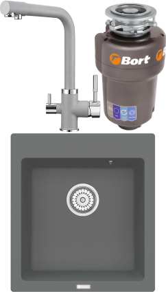 Комплект Мойка кухонная Point Моко 47 серая + Смеситель PN3103 серый + Измельчитель Bort Titan 5000 Control