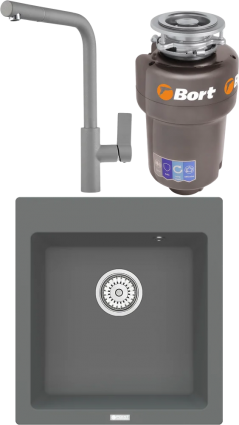 Комплект Мойка кухонная Point Моко 47 серая + Смеситель PN3102 серый + Измельчитель Bort Titan 5000