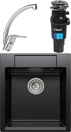 Комплект Мойка кухонная Polygran Argo 460 чёрная + Смеситель MEGA Mega MG-BMK016 хром + Измельчитель Bort Titan 7000