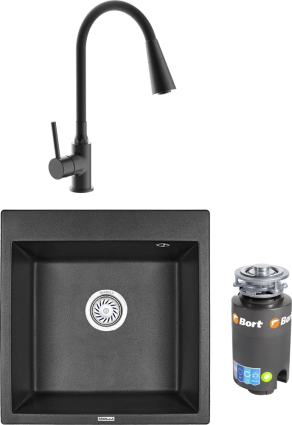 Комплект Мойка кухонная Granula 5102, ЧЁРНЫЙ + Смеситель Frap H44 F4044-6 с гибким изливом, черный + Измельчитель Bort Titan 4000