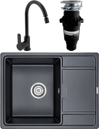 Комплект Мойка кухонная Paulmark Flugen 50-650 PM216550-BLM черный металлик + Смеситель MEGA City MG-ZRV102-b черный + Измельчитель Bone Crusher BC 810-SL Slim Line