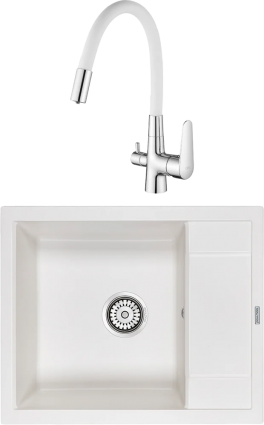 Комплект Мойка кухонная Paulmark Flugen 50-600 PM216050-WH белая + Смеситель ESKO Coral CL 03 W хром, белый, с гибким изливом