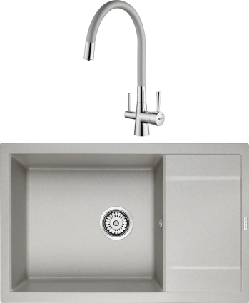 Комплект Мойка кухонная Paulmark Flugen 60 PM317850-GR серая + Смеситель Lemark Comfort LM3075C-Silver с гибким изливом, хром, серебристый