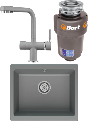 Комплект Мойка кухонная Point Сидли 55 серая + Смеситель PN3104 серый + Измельчитель Bort Titan Max Power FullControl
