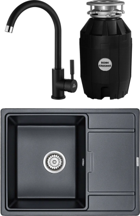 Комплект Мойка кухонная Paulmark Flugen 50-650 PM216550-BLM черный металлик + Смеситель Holstein Ho212063-418 черный металлик + Смеситель Ho212063-418 черный металлик + Измельчитель Bone Crusher BC 810-AS