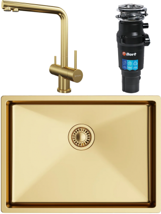 Комплект Мойка кухонная TopZero TNL ColorX 550 GOLD золото + Смеситель TPZ 301 золото + Измельчитель Bort Titan 7000