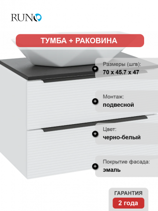 Тумба с раковиной Runo Орлеан 70 белая матовая, черная, раковина Poligono 65