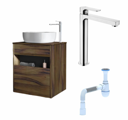 Комплект: Тумба с раковиной Am.Pm Func 60 дуб крафт + Смеситель Lemark plus Grace LM1509C хром + Сифон АниПласт