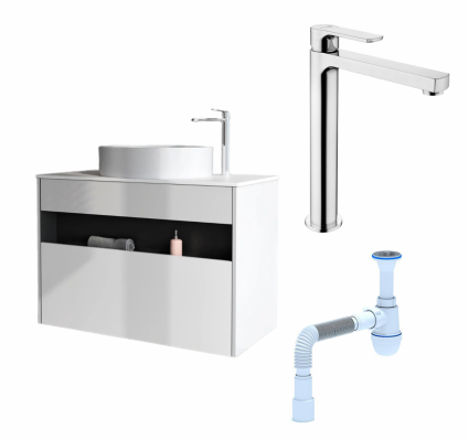 Комплект: Тумба с раковиной Am.Pm Func 100 белый глянец + Смеситель  Lemark plus Grace LM1509C хром + Сифон АниПласт