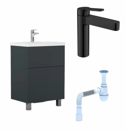 Комплект: Тумба с раковиной AM.PM Gem 60 графит матовый + Смеситель  BelBagno Delta DEL-LVM-NERO черный + Сифон АниПласт