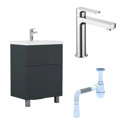 Комплект: Тумба с раковиной AM.PM Gem 60 графит матовый + Смеситель Lemark plus Grace LM1537C Хром + Сифон АниПласт