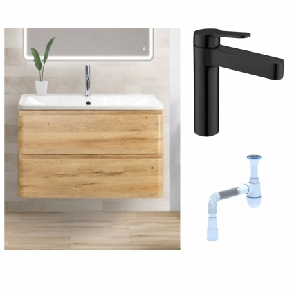 Комплект: Тумба с раковиной BelBagno Albano 90 rovere rustico + Смеситель для раковины BelBagno Delta DEL-LVM-NERO однорычажный, черный + Сифон АниПласт