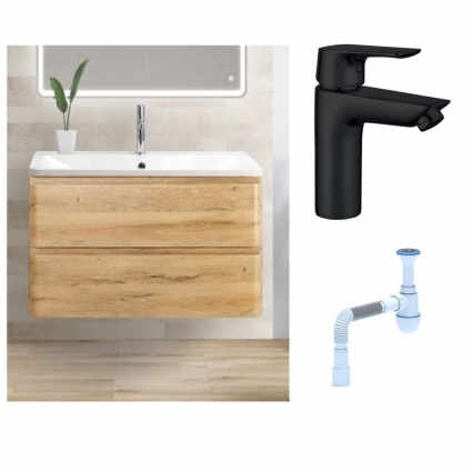 Комплект: Тумба с раковиной BelBagno Albano 90 rovere rustico + Смеситель Aquanet Static AF330-10B для раковины, чёрный + Сифон АниПласт