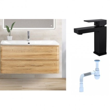 Комплект: Тумба с раковиной BelBagno Albano 100 rovere rustico + Смеситель для раковины Haiba HB10803-7, черный + Сифон АниПласт