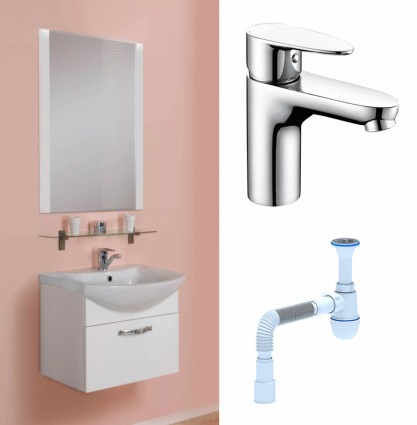 Комплект: Мебель для ванной Акватон Ария 65 белая + Смеситель Wasserkraft Leine 3503 Хром + Сифон АниПласт