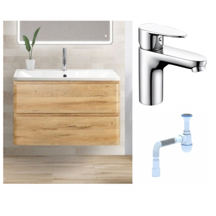 Комплект: Тумба с раковиной BelBagno Albano 90 rovere rustico + Смеситель Wasserkraft Leine 3503 для раковины однорычажный, хром + Сифон АниПласт