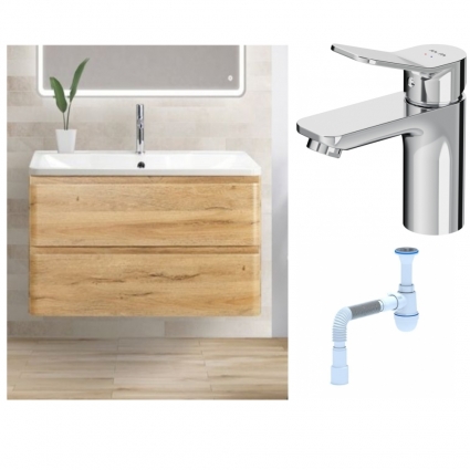Комплект: Тумба с раковиной BelBagno Albano 90 rovere rustico + Смеситель Am.Pm X-Joy F85A02100 для раковины однорычажный, хром + Сифон АниПласт