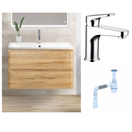 Комплект: Тумба с раковиной BelBagno Albano 90 rovere rustico + Смеситель Bravat Eler F1191238CP-RUS для раковины однорычажный, хром + Сифон АниПласт