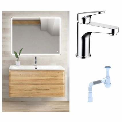 Комплект: Мебель для ванной BelBagno Albano 100 rovere rustico + Смеситель Bravat Eler F1191238CP-RUS для раковины однорычажный, хром + Сифон АниПласт