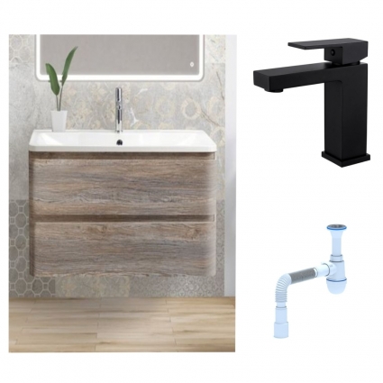 Комплект: Тумба с раковиной BelBagno Albano 80 pino scania + Смеситель для раковины Haiba HB10803-7, черный + Сифон АниПласт
