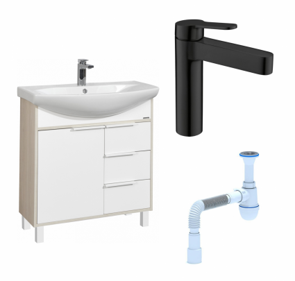 Комплект: Тумба с раковиной Акватон Рико 80 белая, ясень фабрик + Смеситель  BelBagno Delta DEL-LVM-NERO черный + Сифон АниПласт