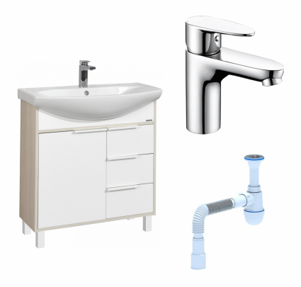 Комплект: Тумба с раковиной Акватон Рико 80 белая, ясень фабрик + Смеситель Wasserkraft Leine 3503 Хром + Сифон АниПласт