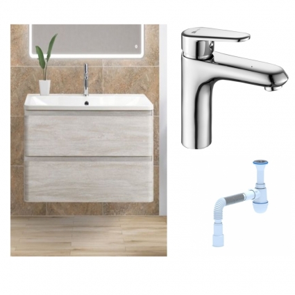 Комплект: Тумба с раковиной BelBagno Albano 80 rovere vintage bianco + Смеситель Lemark Point LM0306C для раковины однорычажный, хром + Сифон АниПласт