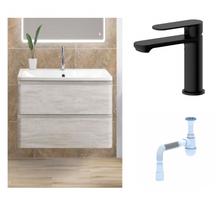 Комплект: Тумба с раковиной BelBagno Albano 90 rovere vintage bianco + Смеситель для раковины Haiba HB10590-7, черный + Сифон АниПласт