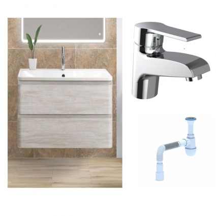 Комплект: Тумба с раковиной BelBagno Albano 90 rovere vintage bianco + Смеситель Agger Right A2902100 для раковины однорычажный хром + Сифон АниПласт